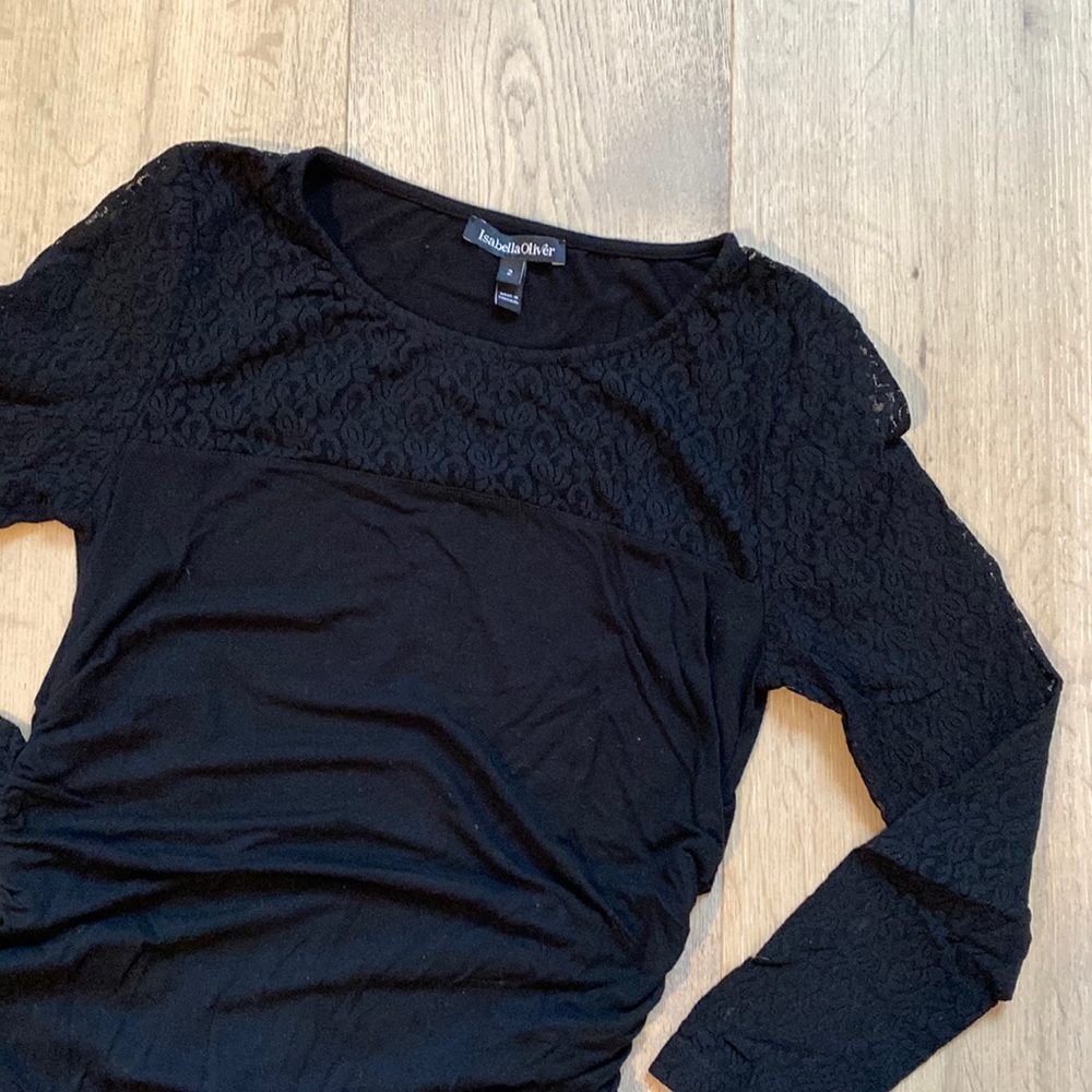 Black Lace Sleeve, Ruched Maternity Top in Size 2